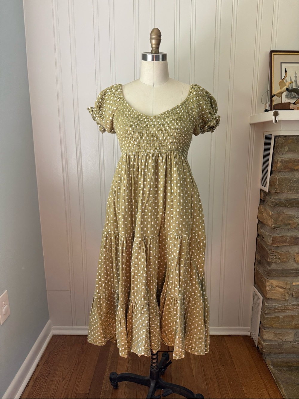 Polka Dot Olive Green Smocked Maxi Dress with Puff Sleeves